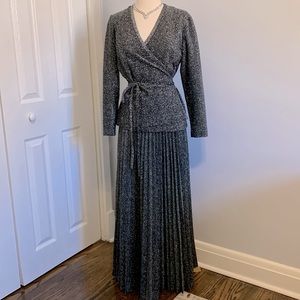 Vintage metallic thread wrap shirt and floor length pleated skirt